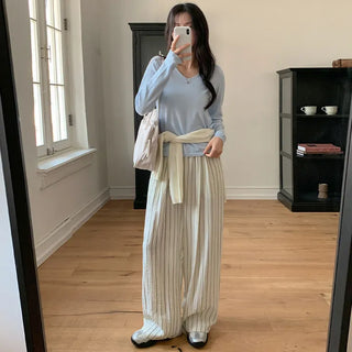 Soyden Linen Stripe Elastic Waist Wide Pants