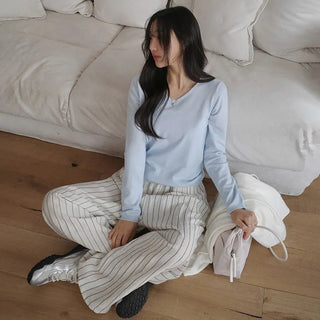 Soyden Linen Stripe Elastic Waist Wide Pants