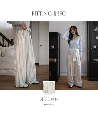Soyden Linen Stripe Elastic Waist Wide Pants