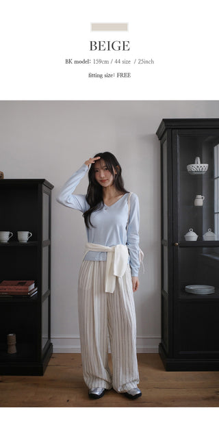 Soyden Linen Stripe Elastic Waist Wide Pants