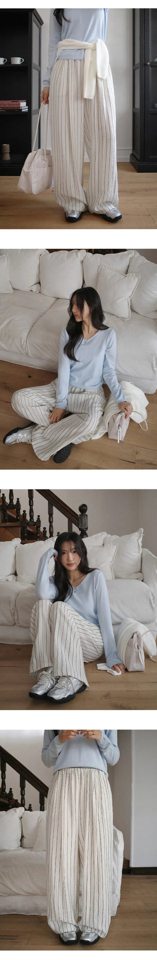 Soyden Linen Stripe Elastic Waist Wide Pants