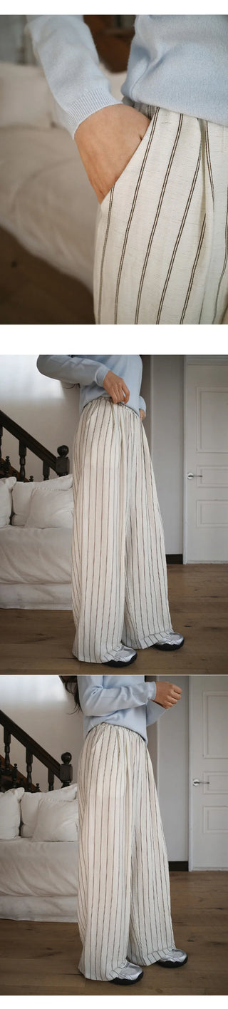 Soyden Linen Stripe Elastic Waist Wide Pants