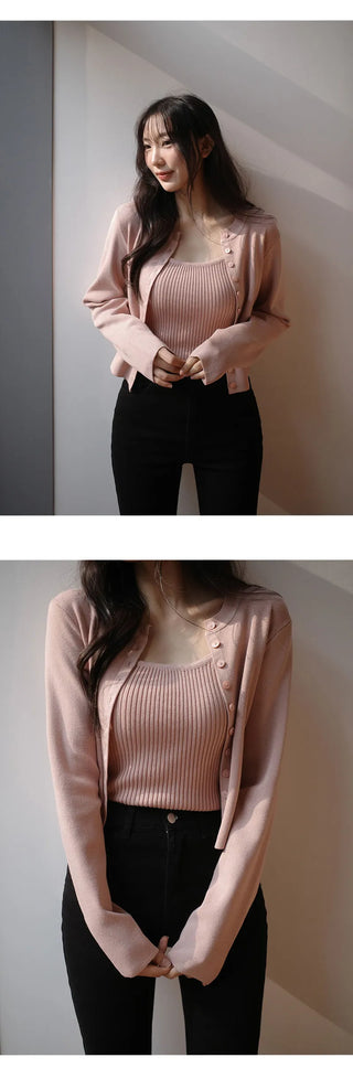 Cedrin Viscose Ribbed Knit Sleeveless Long Sleeve Cardigan Set