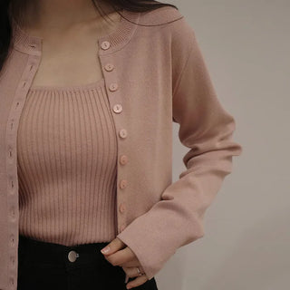 Cedrin Viscose Ribbed Knit Sleeveless Long Sleeve Cardigan Set