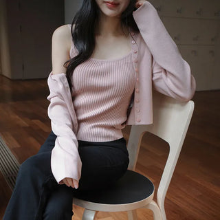 Cedrin Viscose Ribbed Knit Sleeveless Long Sleeve Cardigan Set