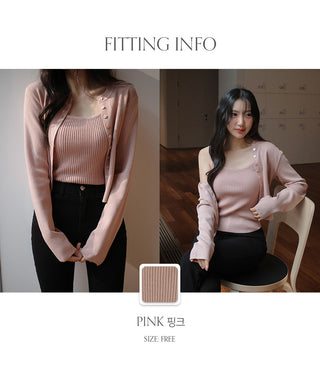 Cedrin Viscose Ribbed Knit Sleeveless Long Sleeve Cardigan Set