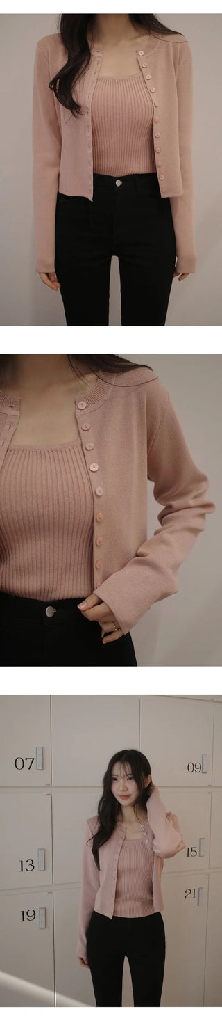 Cedrin Viscose Ribbed Knit Sleeveless Long Sleeve Cardigan Set