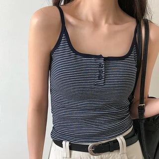 Selvrin Striped Button Ribbed Sleeveless Cap Top