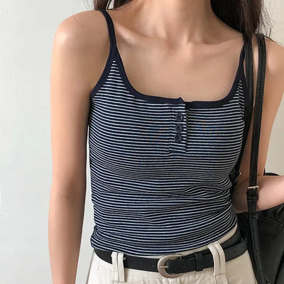 Selvrin Striped Button Ribbed Sleeveless Cap Top