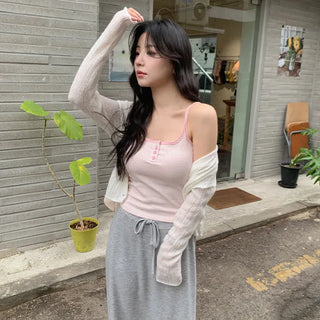 Selvrin Striped Button Ribbed Sleeveless Cap Top