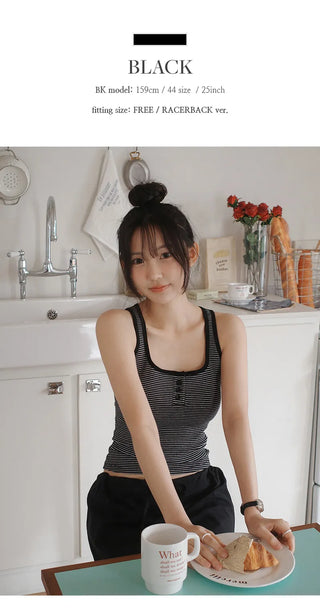 Selvrin Striped Button Ribbed Sleeveless Cap Top