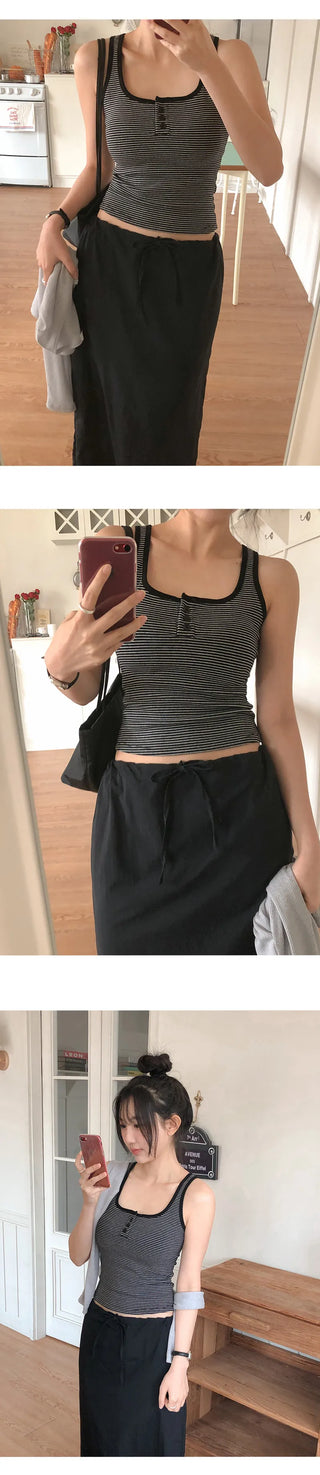 Selvrin Striped Button Ribbed Sleeveless Cap Top