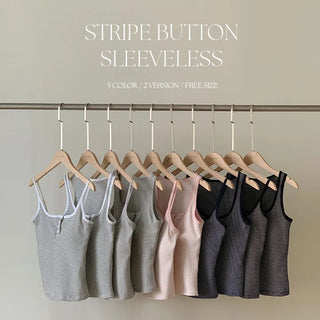 Selvrin Striped Button Ribbed Sleeveless Cap Top