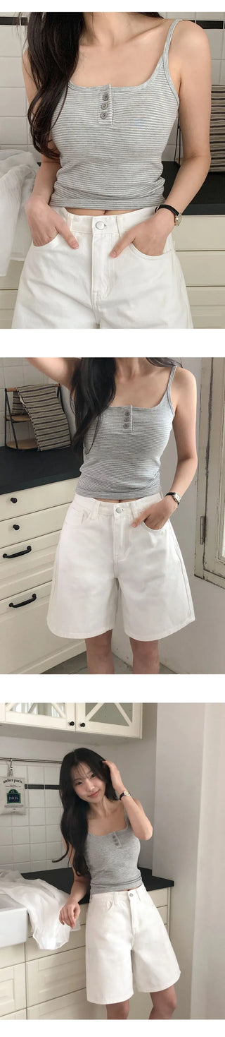 Selvrin Striped Button Ribbed Sleeveless Cap Top