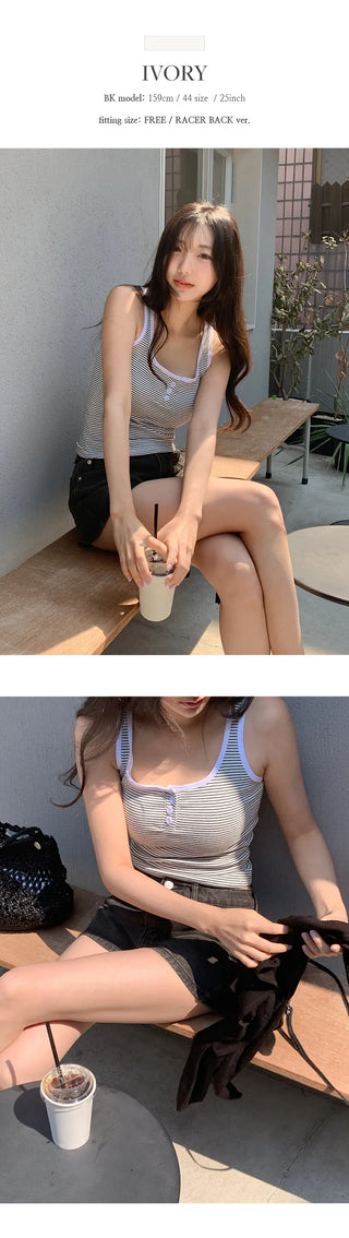 Selvrin Striped Button Ribbed Sleeveless Cap Top