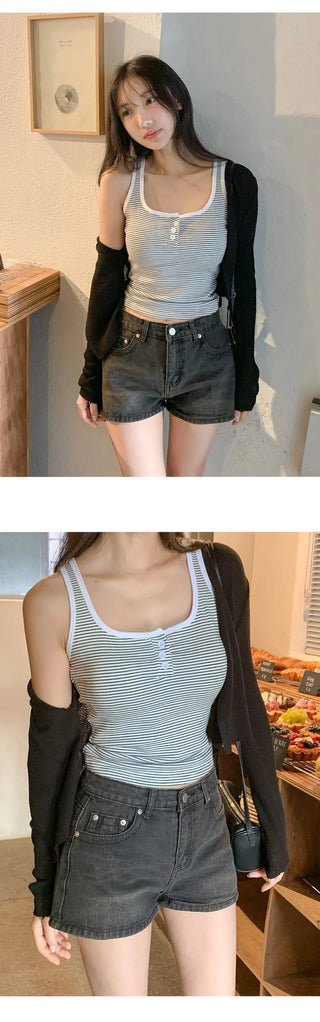 Selvrin Striped Button Ribbed Sleeveless Cap Top