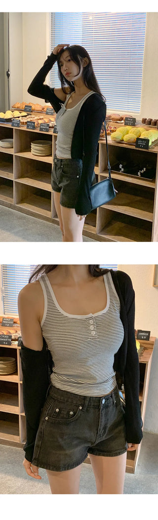 Selvrin Striped Button Ribbed Sleeveless Cap Top