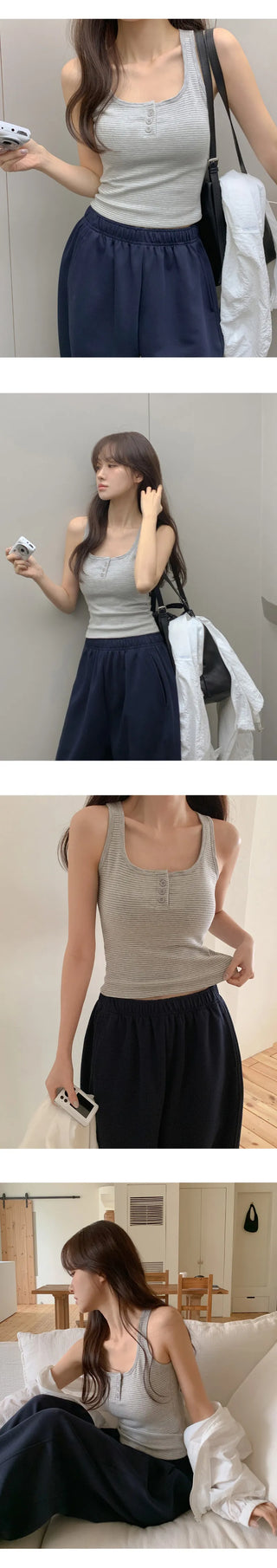 Selvrin Striped Button Ribbed Sleeveless Cap Top