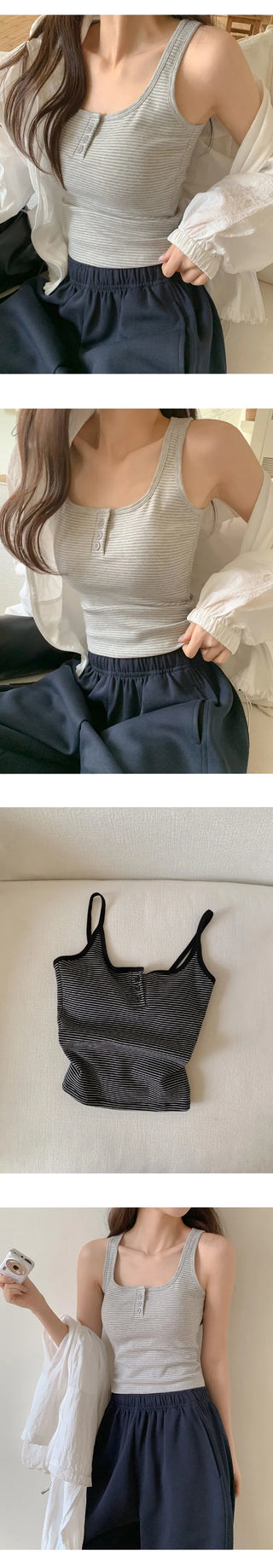 Selvrin Striped Button Ribbed Sleeveless Cap Top
