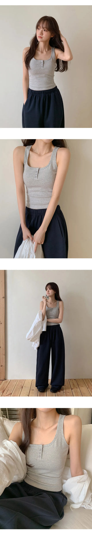 Selvrin Striped Button Ribbed Sleeveless Cap Top
