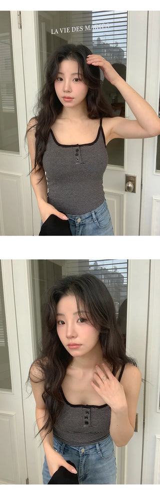 Selvrin Striped Button Ribbed Sleeveless Cap Top