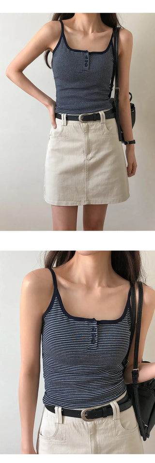 Selvrin Striped Button Ribbed Sleeveless Cap Top