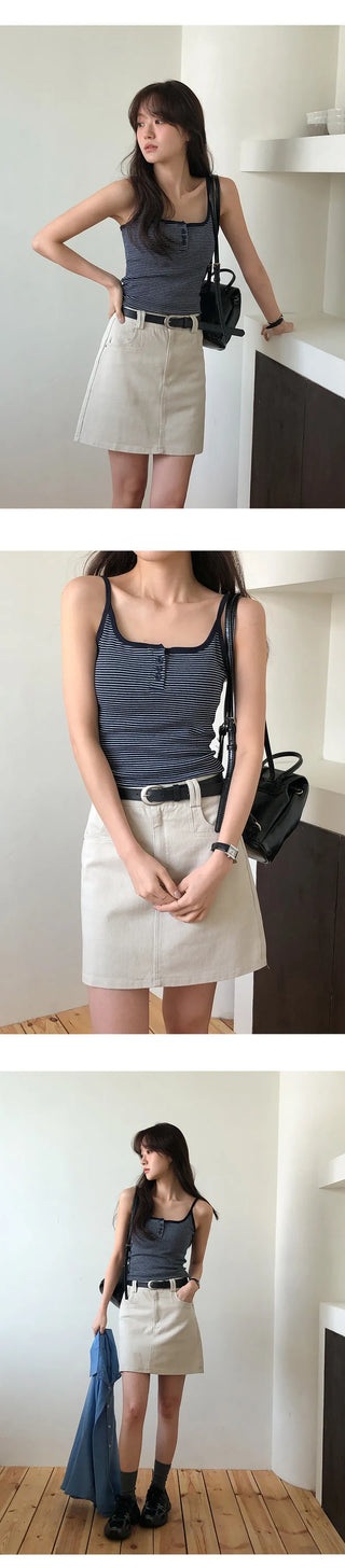 Selvrin Striped Button Ribbed Sleeveless Cap Top