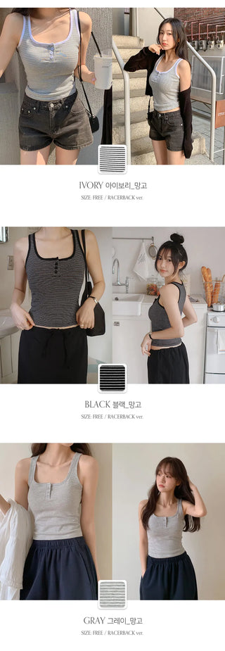 Selvrin Striped Button Ribbed Sleeveless Cap Top