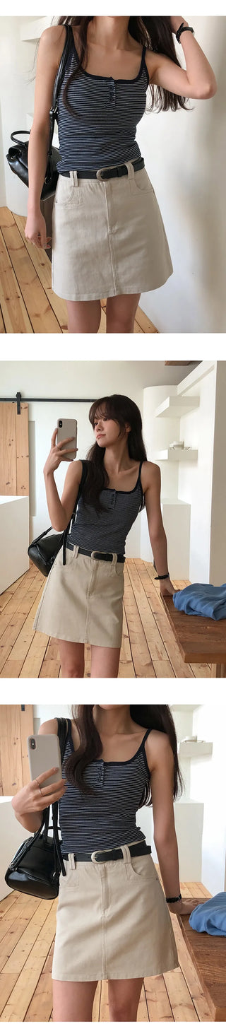 Selvrin Striped Button Ribbed Sleeveless Cap Top