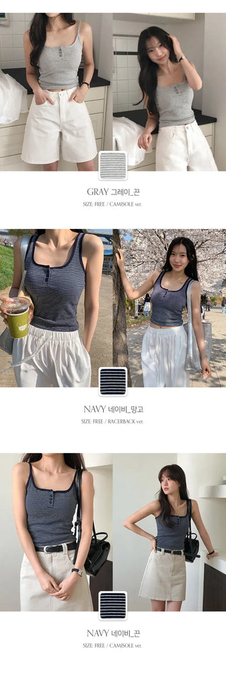 Selvrin Striped Button Ribbed Sleeveless Cap Top
