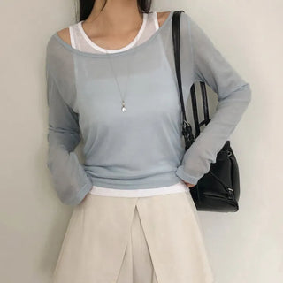Slend See through Sleeveless Layered U Neck Long Sleeve T Shirt