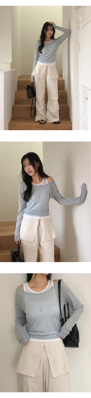 Slend See through Sleeveless Layered U Neck Long Sleeve T Shirt