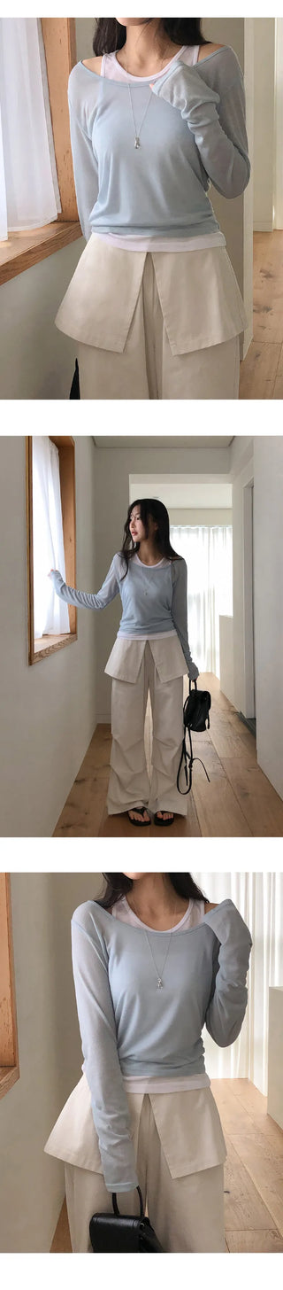 Slend See through Sleeveless Layered U Neck Long Sleeve T Shirt