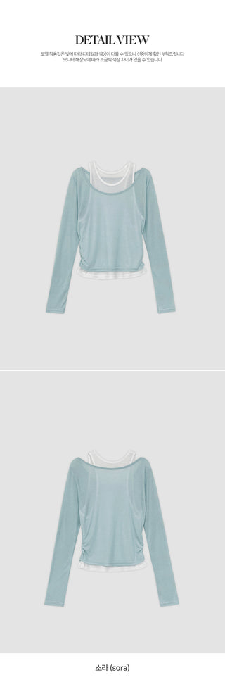 Slend See through Sleeveless Layered U Neck Long Sleeve T Shirt