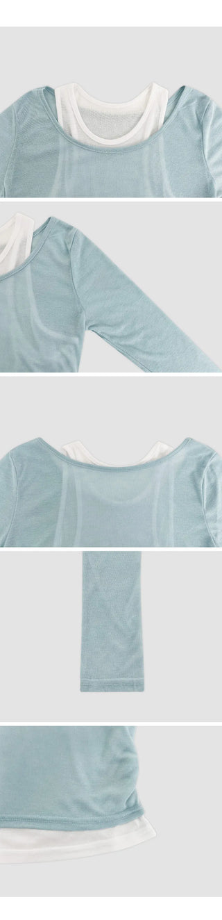 Slend See through Sleeveless Layered U Neck Long Sleeve T Shirt