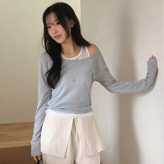 Slend See through Sleeveless Layered U Neck Long Sleeve T Shirt