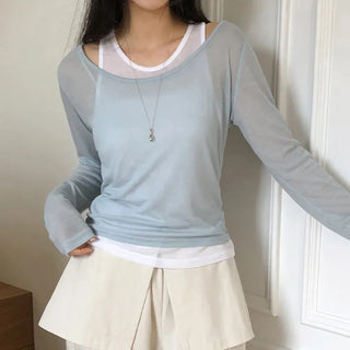 Slend See through Sleeveless Layered U Neck Long Sleeve T Shirt