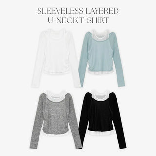 Slend See through Sleeveless Layered U Neck Long Sleeve T Shirt