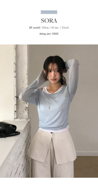 Slend See through Sleeveless Layered U Neck Long Sleeve T Shirt