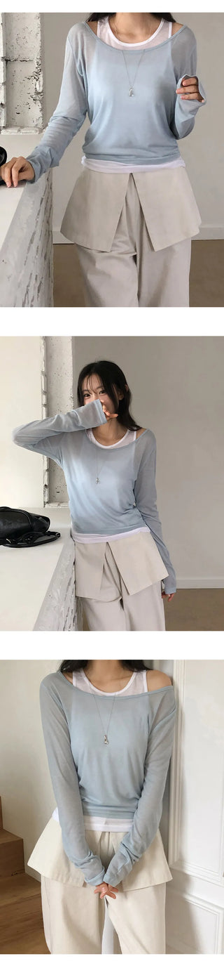 Slend See through Sleeveless Layered U Neck Long Sleeve T Shirt