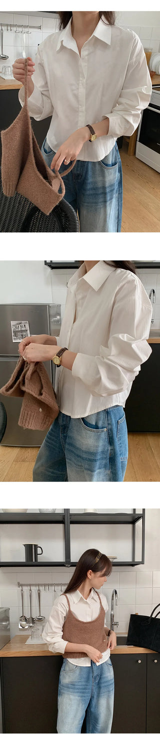 Benipen Striped Herringbone Crop Shirt