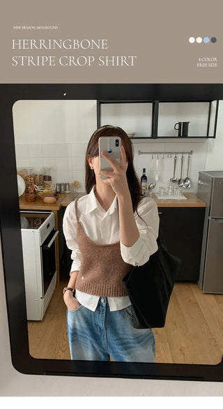 Benipen Striped Herringbone Crop Shirt