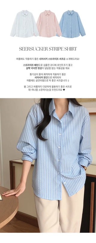Sindive Seersucker Striped Long Sleeve Shirt