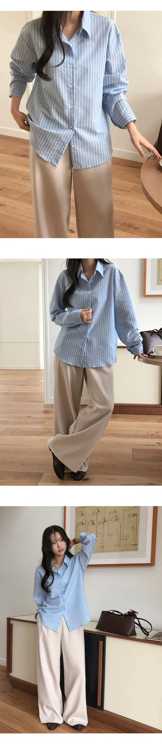 Sindive Seersucker Striped Long Sleeve Shirt