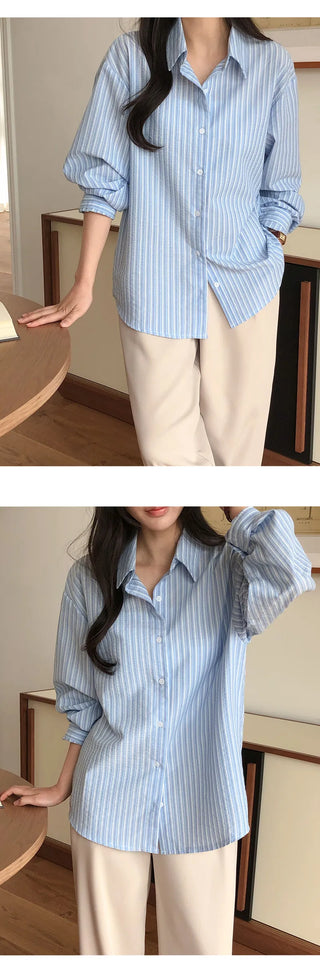 Sindive Seersucker Striped Long Sleeve Shirt