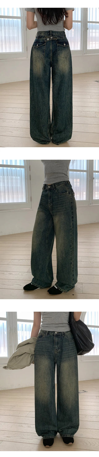 Heant Back Cross Button Pocket Wide Denim Pants