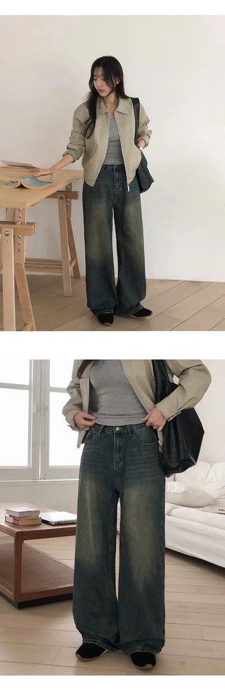 Heant Back Cross Button Pocket Wide Denim Pants