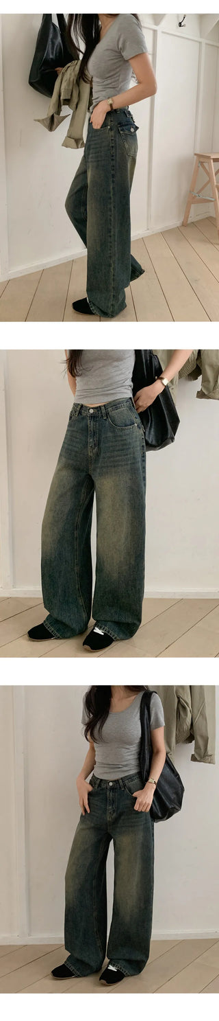 Heant Back Cross Button Pocket Wide Denim Pants