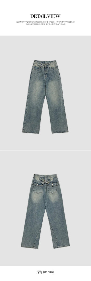 Heant Back Cross Button Pocket Wide Denim Pants