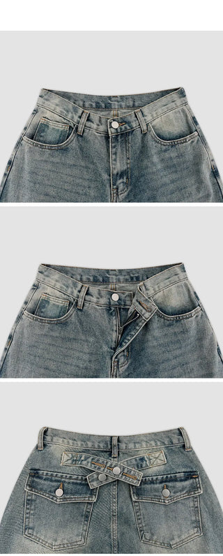 Heant Back Cross Button Pocket Wide Denim Pants